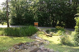 Mit Pflastersteinen angelegter Wasserlauf in einem Garten.