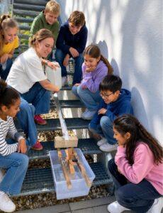 Eine Referentin mit Schülerinnen und Schüler an der Wasserkraftstation_Modellbild ki-generiert.